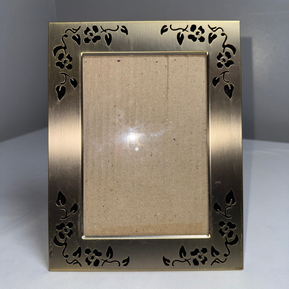Vintage Brushed Gold Floral Cut Out Metal Photo Frame 5x7 Tabletop Decor